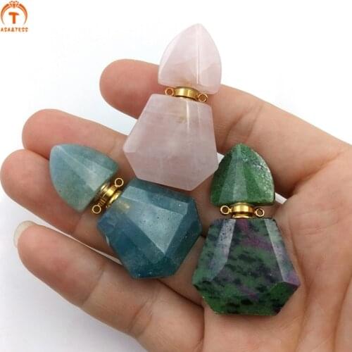 Natural Gems Stone Perfume Bottle Pendant Necklace Hexagon Crystal Essential Oils Diffuser Amethysts Medicine Charms For Woman