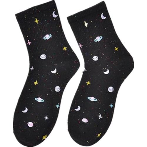 Ladies Socks Cotton Stars Moon Creative Fun Socks Universe Starry Sky Trend Harajuku Novelty Cute Middle Tube Women Cotton Socks