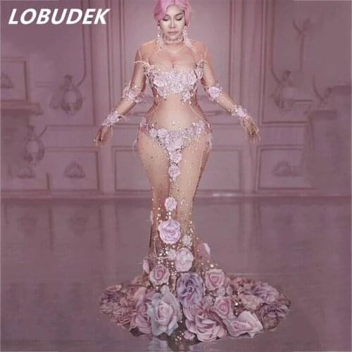 New Pink Flowers Mesh Long Dress Sexy See-through Crystals Catwalk Dress Birthday Party Singer Stage Costume Performance