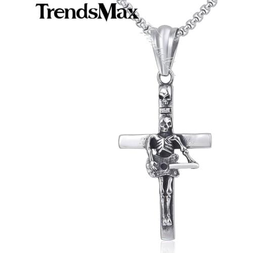 Trendsmax Guitar Skull Cross Pendant Necklace Gothic Mens Chain 316L Stainless Steel Box Link 18-36inch KHP549