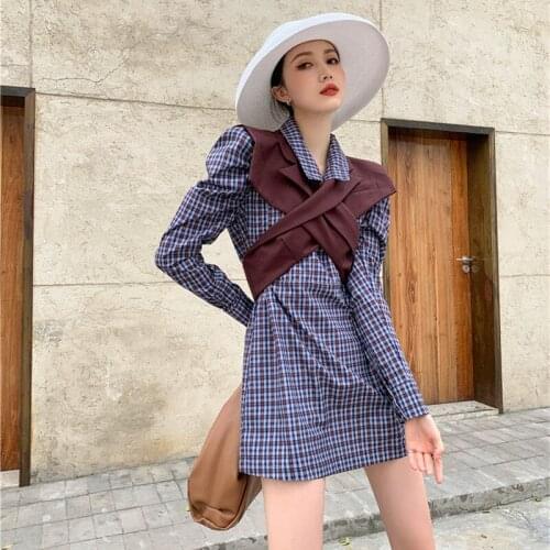Plaid Dress Women Spring And Autumn High Waist Retro Puff Sleeve Shirt Dress Vest Two-Piece Fashion Casual Set