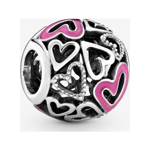 2020 Spring 100% 925 Sterling Silver Beads Pink Openwork Freehand Heart Charm Fit Original Pan Bracelets Women Diy Jewelry