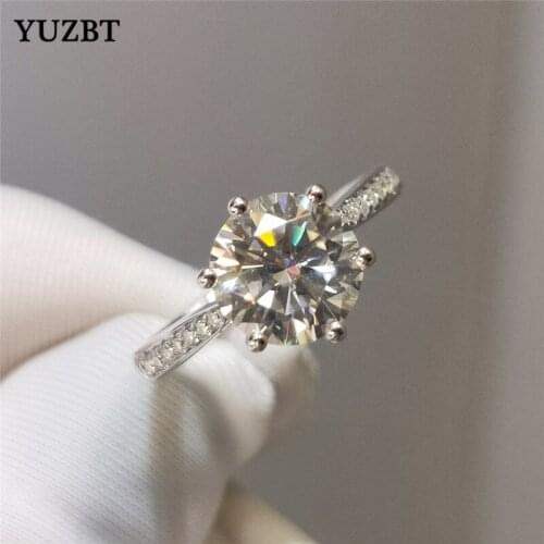 YUZBT Women 6 Claws 925 Silver 2 Carat 8mm Brilliant Cut Gemstone Diamond Test Past D Color Moissanite Ring Gift Wedding Jewelry