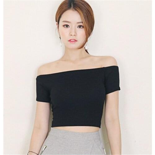 Women Sexy New Summer Strapless Short Word Shoulder T-shirt Female Short-sleeved T-shirt Ladies Slim Cotton Tees Tops WZ096