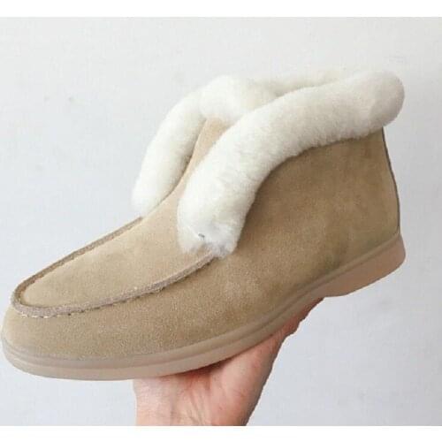 Women Boots Cow Suede Leather Boots Natural-fur Warm Winter Boots Slip-on Snow Boots for Women Take Hair Flat Ankle Boots