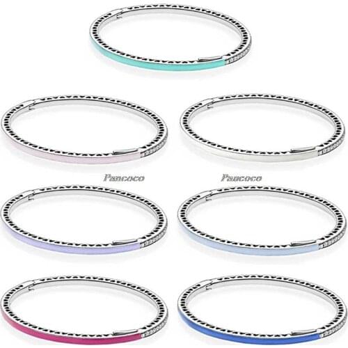 925 Sterling Silver Bangle Enamel Radiant Hearts With Cubic Zirconia Bracelet Fit Women Bead Charm Fashion Jewelry