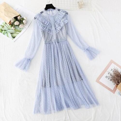 2020 Spring summer 2 Pieces Women Dress Flare sleeve O neck mid calf Dot print Sweet Mesh Dress Female Lace Party Dress set