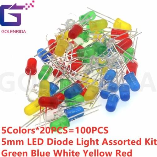 5Colors*20PCS=100PCS 5mm LED Diode Light Assorted Kit Green Blue White Yellow Red COMPONENT DIY kit