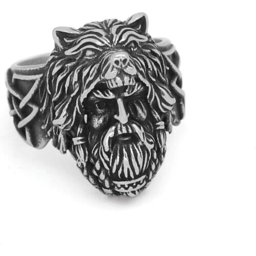 Nordic Viking amulet odin face wolf Geri and Freki Amulet Stainless Steel Ring with Valknut Rune Gift Bag