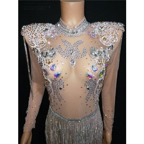 Shining Big Crystals Mesh Sexy Bodysuit Sparkly Rhinestones Chains Fringes Outfit Nightclub Party Wear See Through Costume