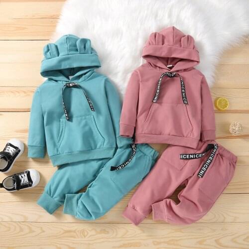 FOCUSNORM 0-4Y Lovely Baby Girls Boys Clothes Sets 2pcs 3D Ear Hooded Long Sleeve Solid Pocket Tops Pants 2 Colors