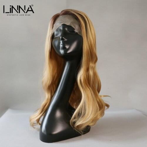 LINNA Long Wave Synthetic Lace Front Wig Ombre Blonde L Part Lace Wig For Women 20 Inch Natural Wave Long Bob Cosplay Wigs
