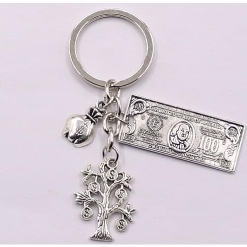 Fashion 30mm Key Chain Keychain Jewelry Silver money tree purse dollar Pendant