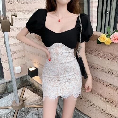 Summer 2021 New Lace Patchwork Black Dress Sexy Off Shoulder Short Sleeve Mini Dresses