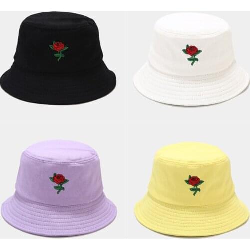 Unisex Rose Embroidery Bucket Hat Foldable Women Outdoor Sunscreen Cotton Fishing Hunting Cap Men Bob Chapeau Sun Caps
