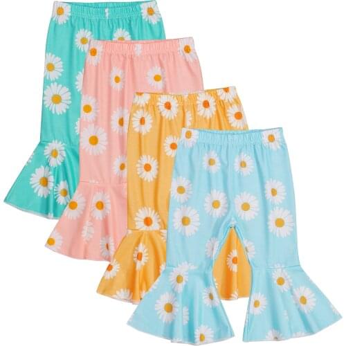 Toddler Baby Girls Flare Pants, Cute Daisy Printed Elastic Waist Bell Bottom Pants 0-3T