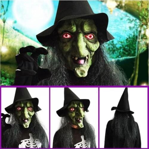 Halloween Horror Props Long Hair Old Witch Mask Scary Latex Headband Hat Green Face Big Nose Old Women Mask Cosplay Unisex Props