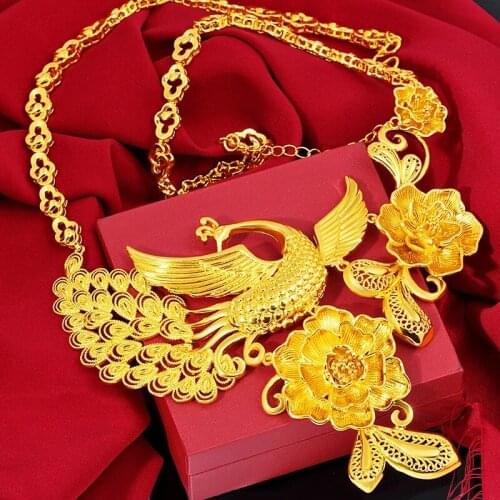 Luxury 24k Yellow Gold Pendant Necklaces for Women Bride Gold Necklace Traditional Phoenix Wedding Necklace Chain Jewelry Gifts