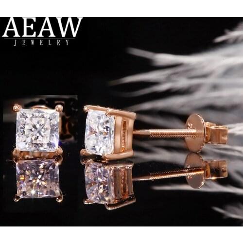 AEAW 6.5mm D Color VVS1 Princes Brilliant Cut Moissanite Earrings Stud Screw Back Solid Real 18k Rose Gold For Lady