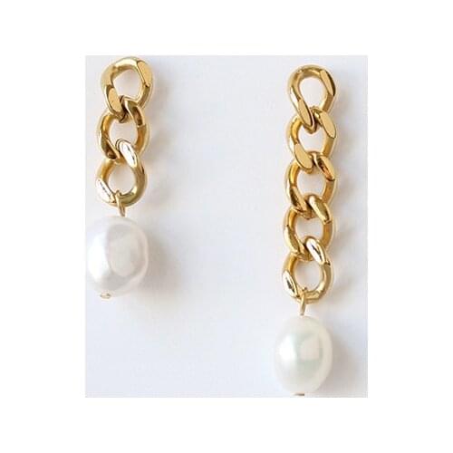 2021 New Trend 18K Gold Plated Stainless Steel Freshwater Pearl Chain AB Length Asymmetric Stud Earrings For Women Girl