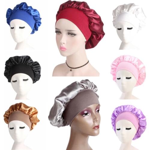 New Solid Fashion Silk Satin Night Sleep Cap Hair Bonnet Hat Head Cover Wide Band Adjust Elastic
