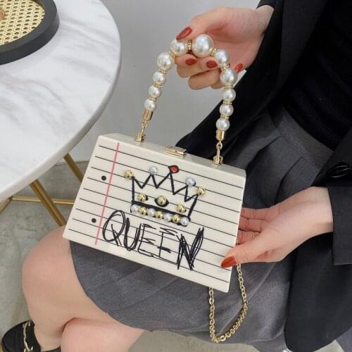 Acrylic Pearl Handle Box Party Handbag Women Purses Fashion Letter Pattern Clutch Bag Shoulder Chain Bag Wedding Pouch Designer