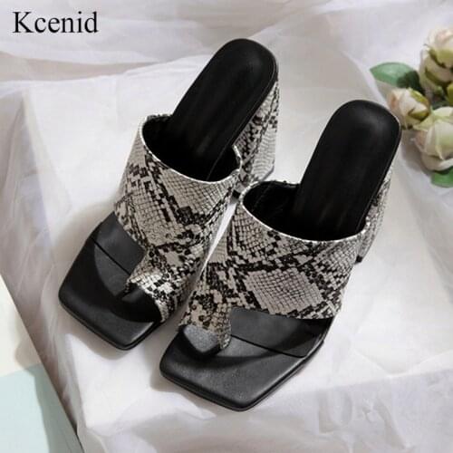 Kcenid 2020 Summer pumps sexy snake print slippers sandals shoes women chunky high heels square toe slides lady pump shoes mules