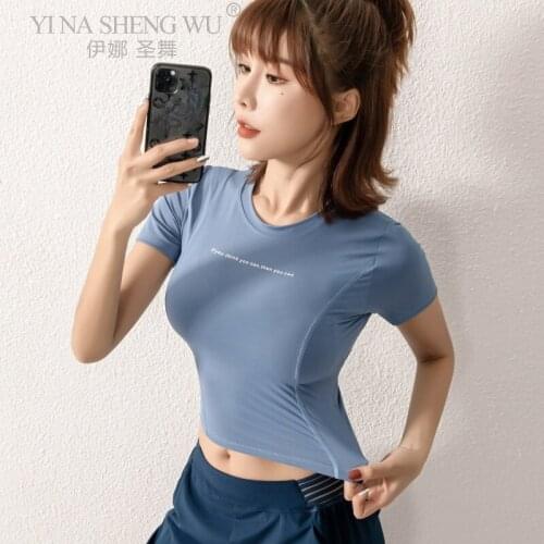 Cropped Top Women Running Sport Shirts Short Sleeves Blouses Fitness Gym Workout Letter Printing T-Shirts Sportswear Shorts Top