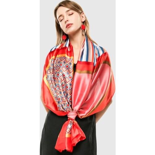 Bright Silk Scarf Hijab Geometric Print Design Luxury Shawl Scarf Beach Travel Sarong Head Scarf [3376]