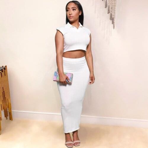 Office Lady Womens Two Piece Dress Set 2021 Turn Down Collar Sleeveless Crop Top and Empire Bodycon Maxi Skirt Matching Suits