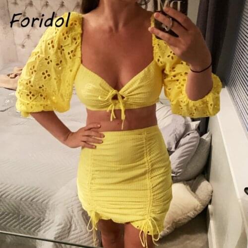 Backless Lace Up Embriodery Yellow Lace Dress Suits Women Hollow Out Beach Summer Dress Sets Puff Sleeve Bodycon Mini Dress