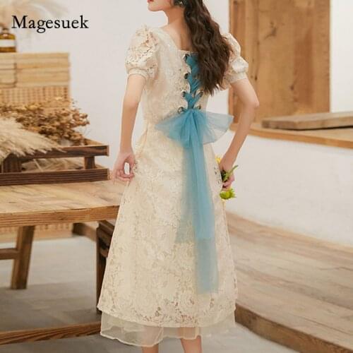 2021 French Party Dresses Chic Lace Crochet Bandage Women Summer Dress Vintage Square Collar Women Elegant Dress Vestidos 13972