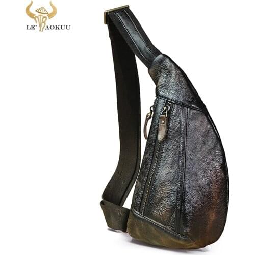 2021 Men Real Leather Vintage Coffee Triangle Chest Sling Bag 8" Tablet Umbrella Design One Shoulder Cross-body Bag Male 8807