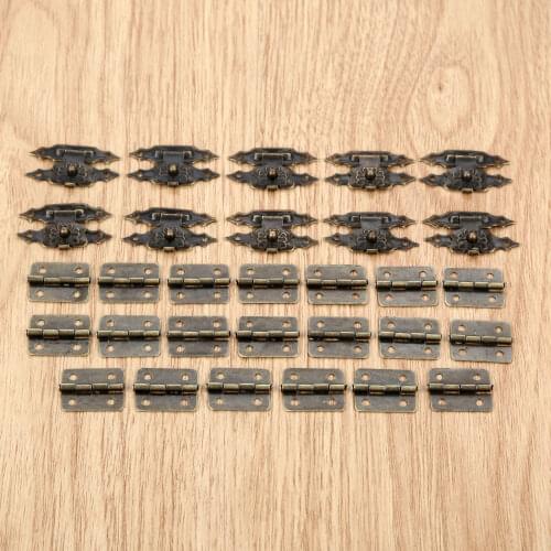 30Pcs/set Antique Bronze Furniture Cabinet Hinges with Jewelry Wood Box Case Hasp Latch Lock Chinese Old Hardware with Screws