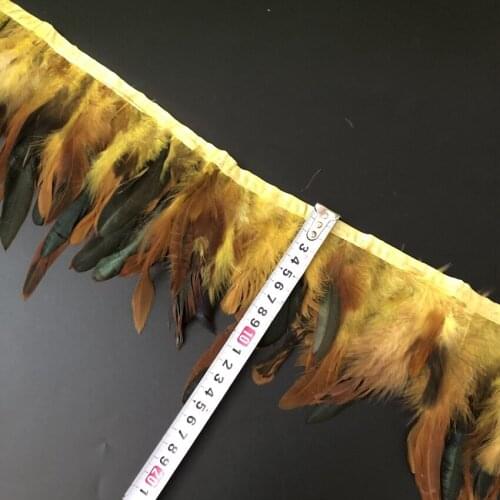 5Meter Yellow Dyed Natural Pheasant Feathers Trims Fringe Ribbon Trim With Satin Ribbon Sewing Crafts Costumes Decorative Plumes