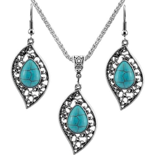 Retro Design Leaf Turquoise Necklace Earrings Fashion Jewelry Set For Women Pendant Jewelry Accessories Gift Украшения Женские