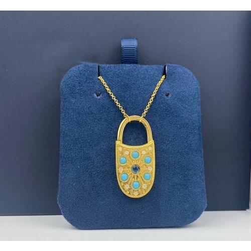 SLJELY Fashion S925 Sterling Silver Gold Color Blue Gem Stone Lock Pendant Adjustable Necklace Women Brand Roma Series Jewelry