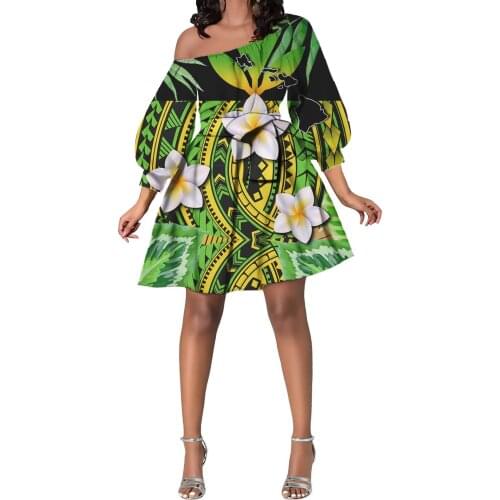 Hycool Polynesia Puffy Sleeve Green Bow Women Flare Short Dress Sexy Oblique Shoulder Party Party Club Cocktail Prom Swing Dress