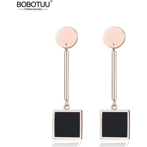 BOBOTUU Punk Drop Earrings Stainless Steel Geometric Design Two-tone Trendy Dangle Earrings Jewelry For Women Brincos BE17016