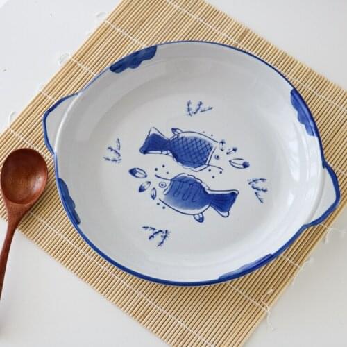 Ceramic Blue-and-white Underglaze Color Antique Tableware Small Fish Two Ears Deep Plate