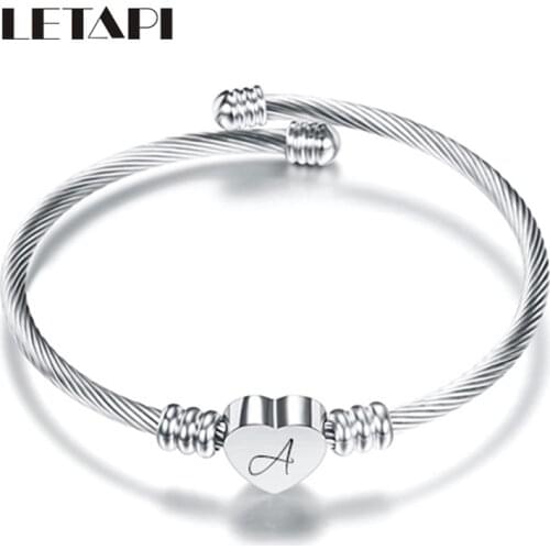 LETAPI 2021 New Fashion Silver Color Stainless Steel Alphabet Heart Cuff Bangles Women Jewelry
