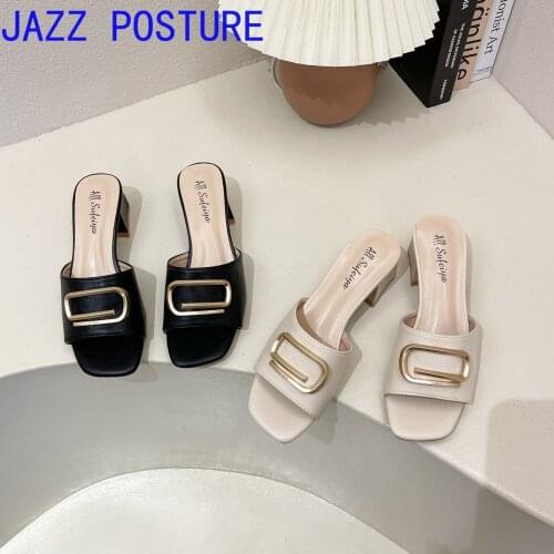 Summer high-heeled shoes women with metal square buckle open-toe high-heeled slippers w173