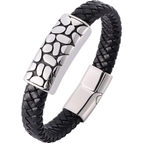 Hot Fashion Men Black Braided Leather Bracelet Chain Stainless Steel Magnetic Buckle Bangles Jewelry Man Wrist Band Gift BB802