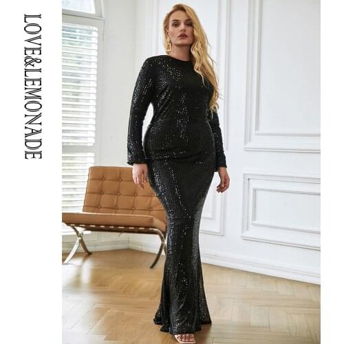 LOVE&LEMONADE PLUS SIZERound Neck Black Elastic Sequin Bodycon Long Sleeve Autumn And Winter Maxi Dress LM81238-2PLUS