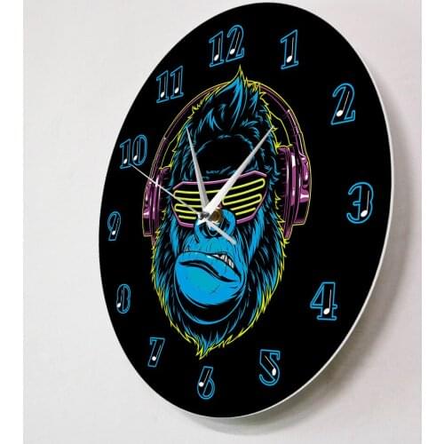 On Headphones Modern Wall Clock Funny Gorilla Listening To MusicSilent Non-ticking Living Room Wall Watch Stylish DJ Home Decor