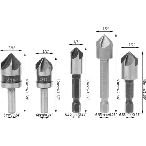 Drop Wholesale 2Pcs/Set High Speed Steel Silver 82Degree 5 Flute 6mm Round Shank HSS Chamfer Chamfering End Mill Cutter Bit