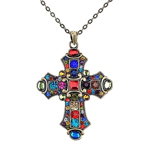 Double Nose New Fashion Dropship Zinc Alloy Metal Mixed Colorful Crystal Rhinestone Big Cross Pendant Necklace For Men And Women