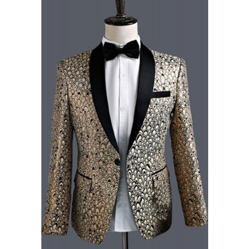 2 Piece Jacket With Pants Wedding Suit Mens Gold Printing Slim Fit Lapel Marriage Dress Clothes Performance Stage Costumes Coat