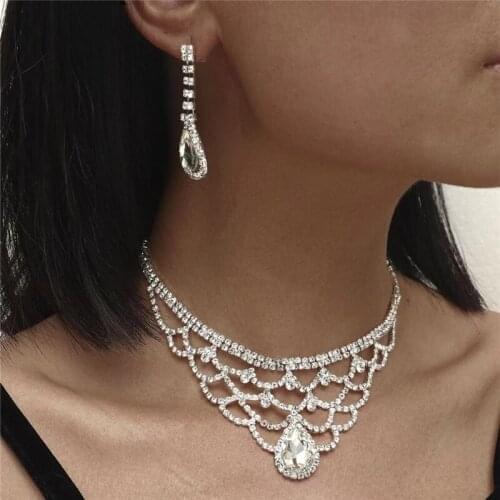 Luxury Crystal Bridal Necklace Jewelry Set Rhinestone Silver Plated wedding accessories Charm Necklace Earring Set lady