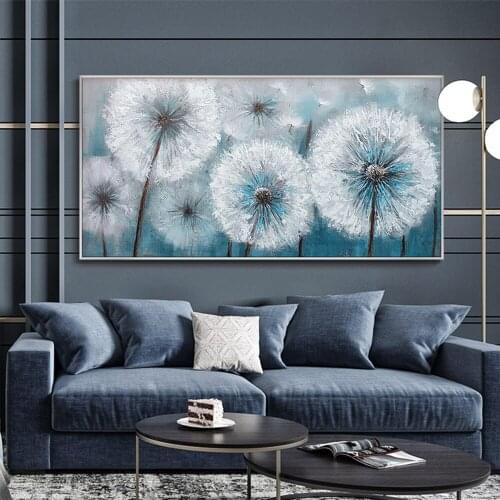 Hand-Painted Dandelion Oil Painting Abstract Painting Cuadros Para Salon Bule White Poster Wall Painting High Quality Canvas Art